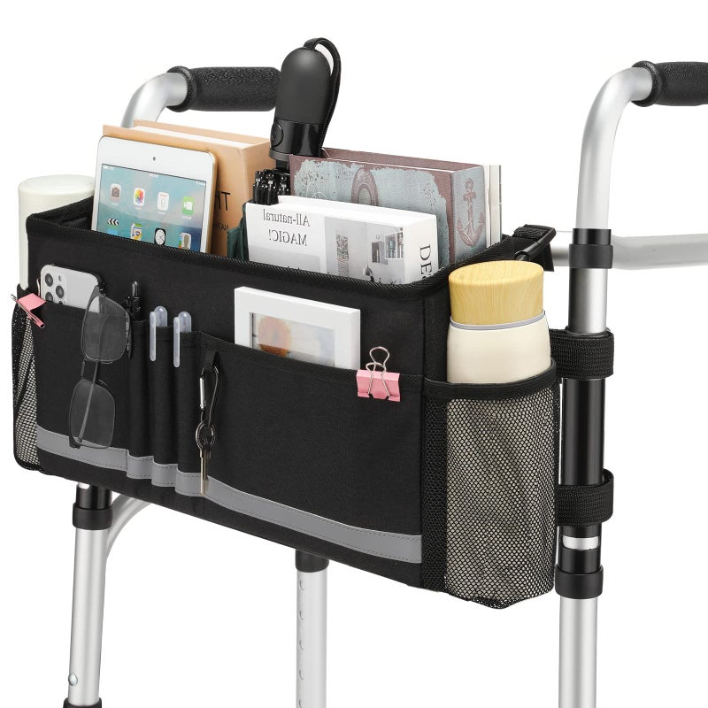 حقيبة مشاية EXLIFBAG مع سلة قابلة للطي وحامل أكواب لملحقات المشاة لكبار السن باللون الأسود